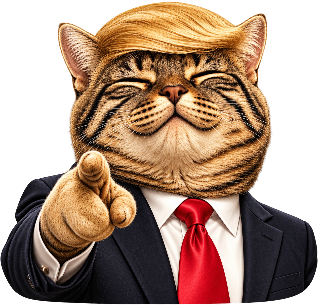 TRUCATE, a tabby cat with blonde hair in a navy suit and red tie pointing at the viewer